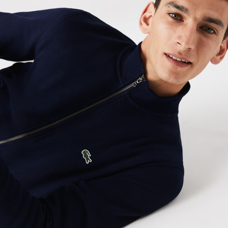 Lacoste Zippered Stand-Up Collar Piqué Fleece Jacket Tmavě Blankyt Blankyt | 0RRvazpH