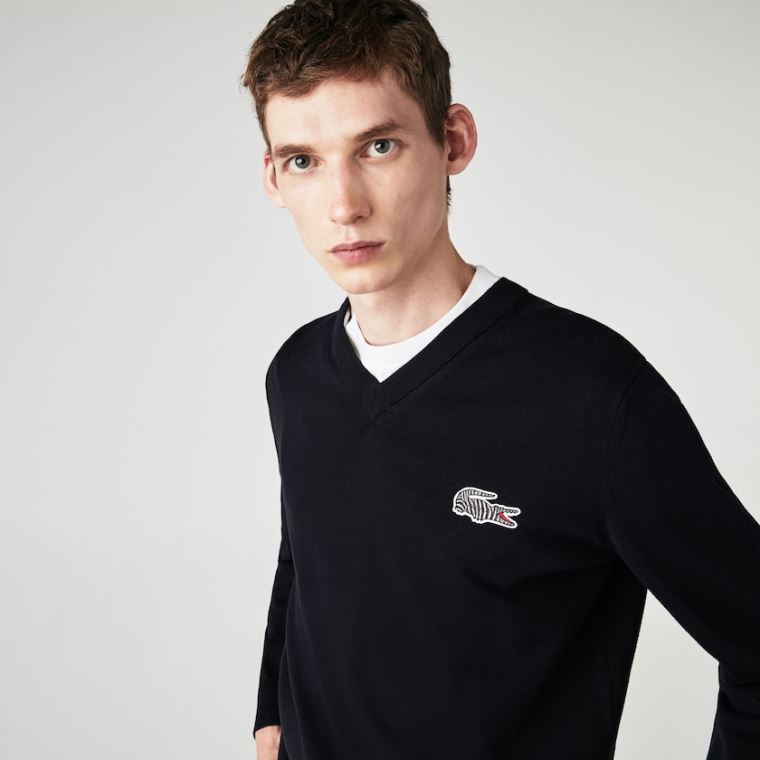 Lacoste x National Geographic V-neck Bavlněné Svetrové Tmavě Blankyt Blankyt Bílé | 7mTAPqNE